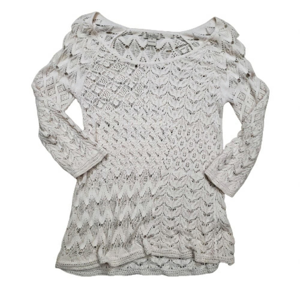 LUCKY BRAND WHITE CREAM OFF WHITE SWEATER CROCHET TOP SHIRT S SM SMALL